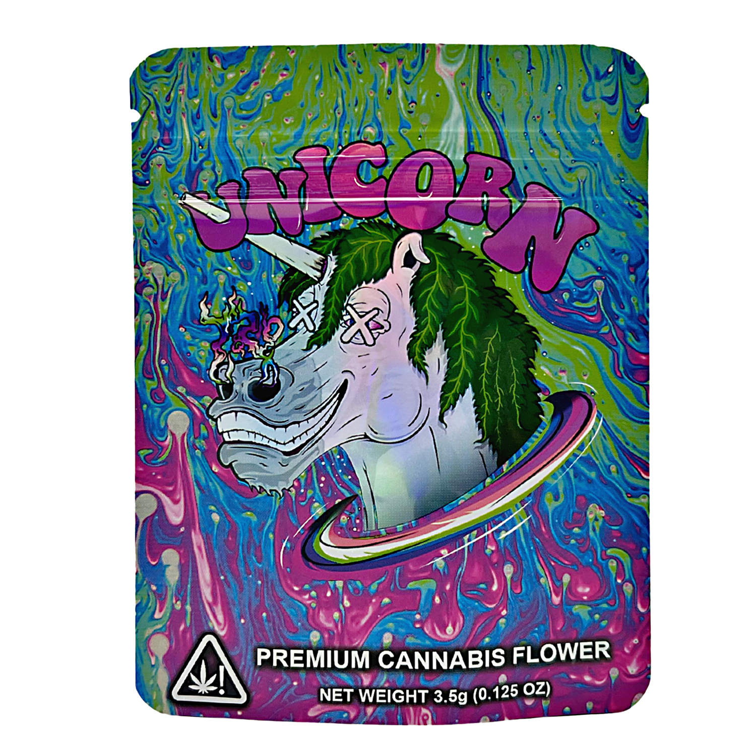 3.5G Mylar Bags, Cannabis Mylar Bags, Where to buy mylar bags, Custom mylar bags near me, Mylar Bags Wholesale. Colorful packaging of 'Unicorn' premium cannabis flower with a cannabis leaf design.