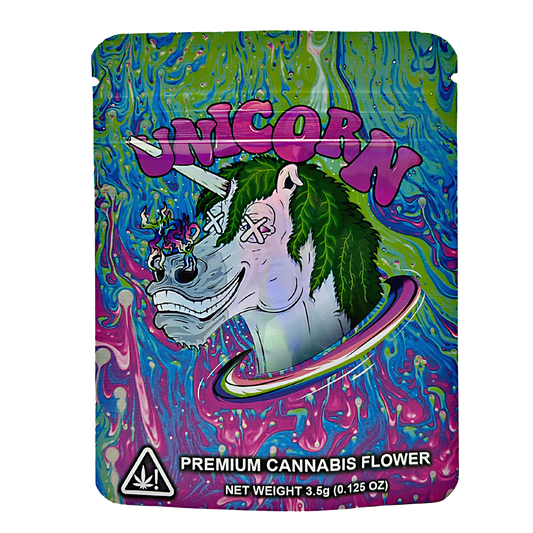 3.5G Mylar Bags, Cannabis Mylar Bags, Where to buy mylar bags, Custom mylar bags near me, Mylar Bags Wholesale. Colorful packaging of 'Unicorn' premium cannabis flower with a cannabis leaf design.