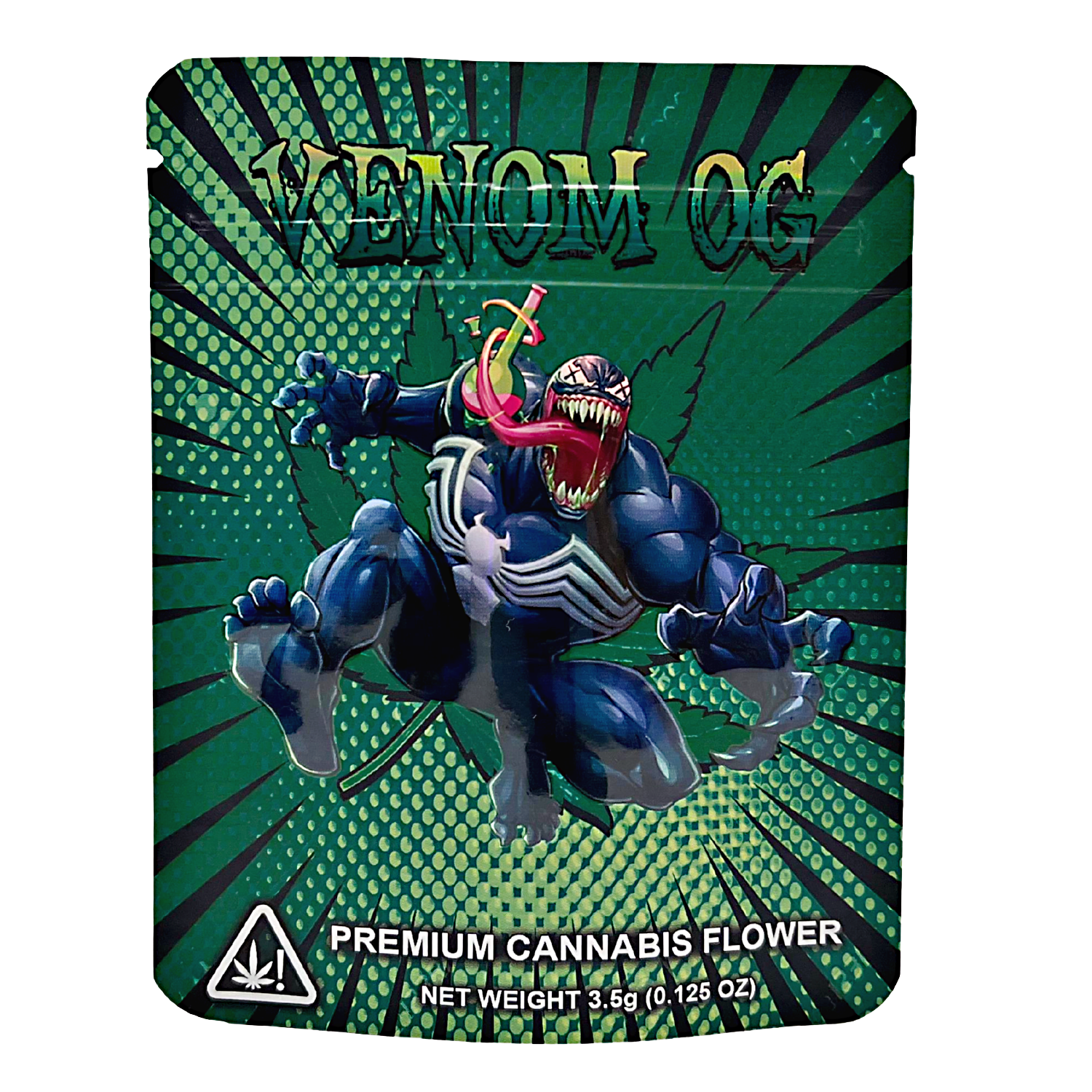 3.5G Mylar Bags, Cannabis Mylar Bags, Where to buy mylar bags, Custom mylar bags near me, Mylar Bags Wholesale. Cannabis packaging with Venom character design on a green and black background