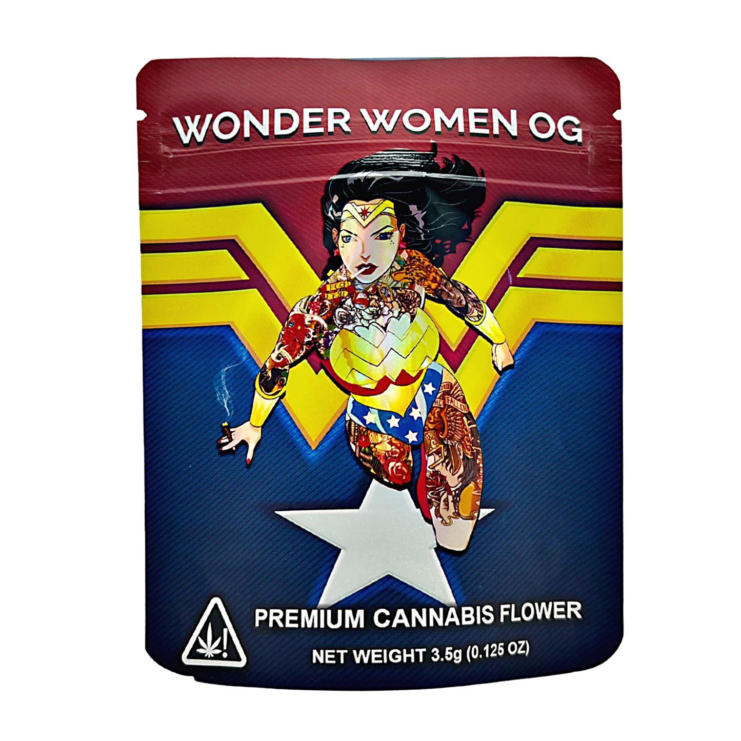3.5G Mylar Bags, Cannabis Mylar Bags, Where to buy mylar bags, Custom mylar bags near me, Mylar Bags Wholesale. Cannabis packaging with Wonder Woman design on a white background