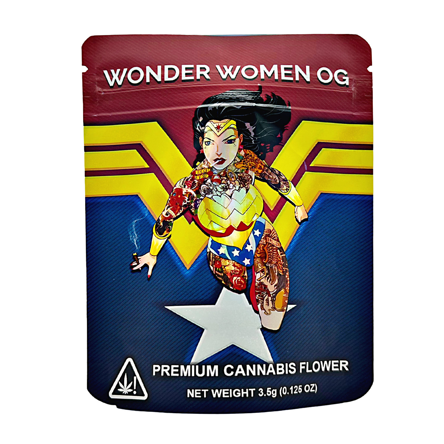 3.5G Mylar Bags, Cannabis Mylar Bags, Where to buy mylar bags, Custom mylar bags near me, Mylar Bags Wholesale. Cannabis packaging with Wonder Woman design on a white background