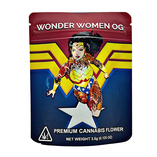 3.5G Mylar Bags, Cannabis Mylar Bags, Where to buy mylar bags, Custom mylar bags near me, Mylar Bags Wholesale. Cannabis packaging with Wonder Woman design on a white background