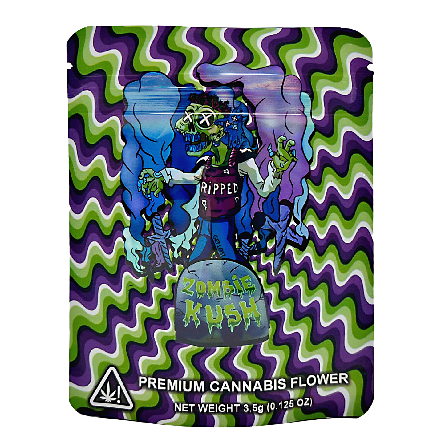 3.5G Mylar Bags, Cannabis Mylar Bags, Where to buy mylar bags, Custom mylar bags near me, Mylar Bags Wholesale. Zombie Kush cannabis packaging with colorful design and character illustration.