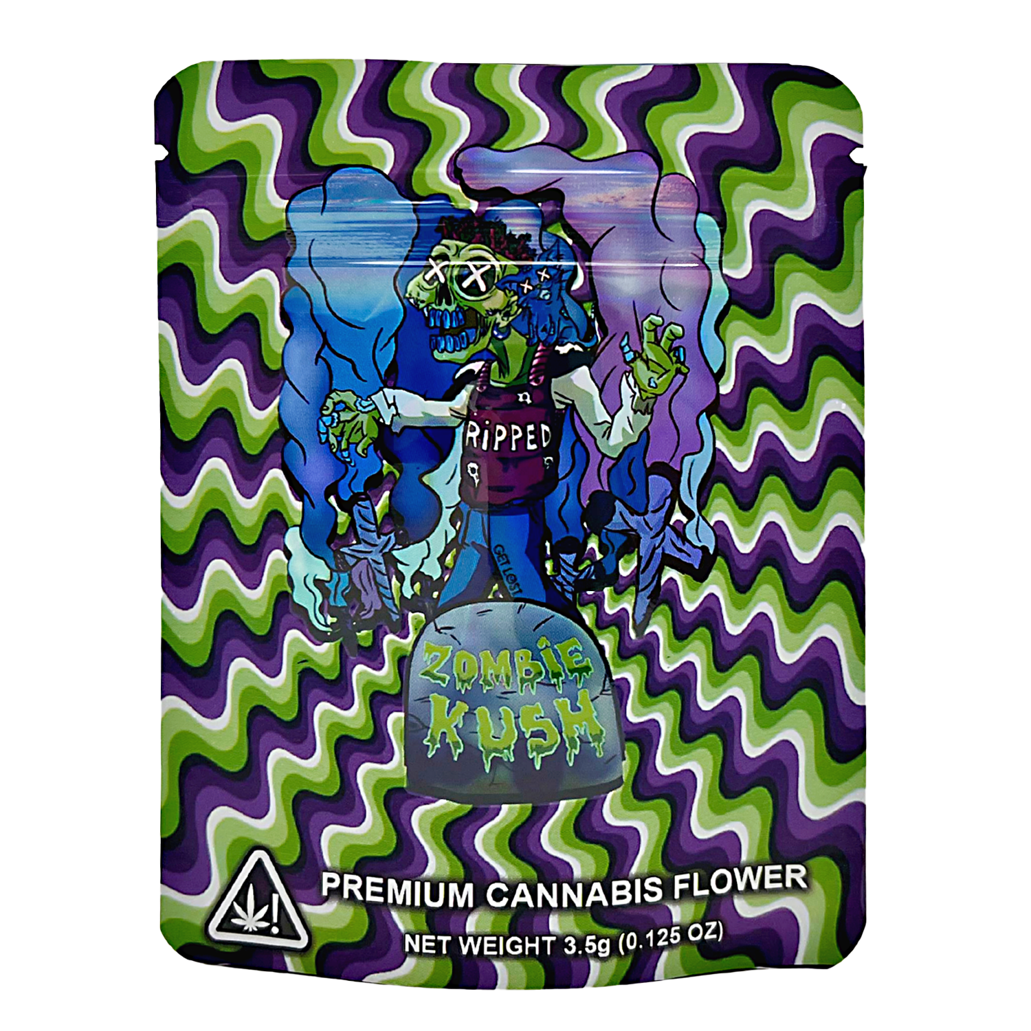 3.5G Mylar Bags, Cannabis Mylar Bags, Where to buy mylar bags, Custom mylar bags near me, Mylar Bags Wholesale. Zombie Kush cannabis packaging with colorful design and character illustration.