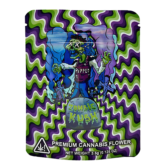 3.5G Mylar Bags, Cannabis Mylar Bags, Where to buy mylar bags, Custom mylar bags near me, Mylar Bags Wholesale. Zombie Kush cannabis packaging with colorful design and character illustration.