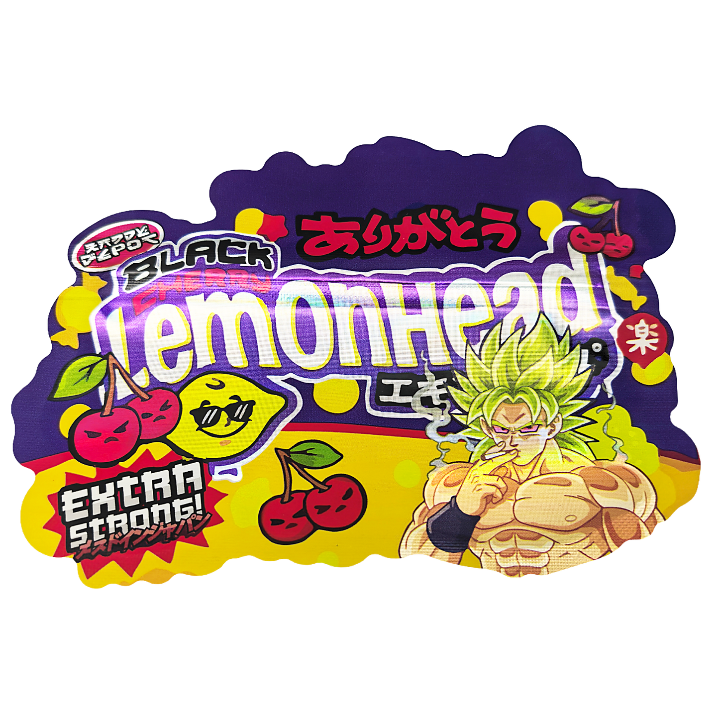 50 Pack – 3.5g Special Die Cut Shaped Mylar Bag - Kandy Depo Black Lemonhead