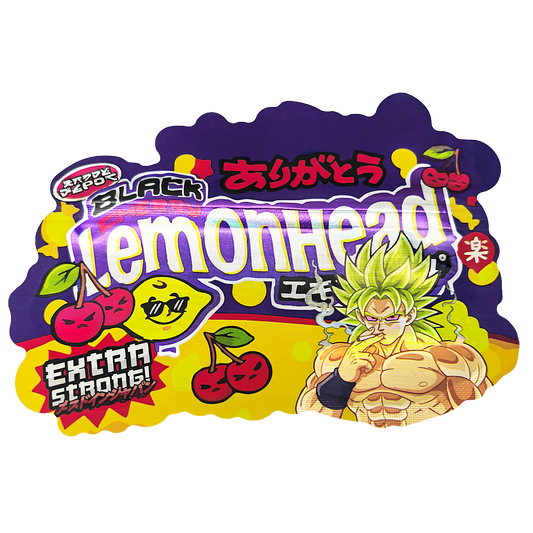 50 Pack – 3.5g Special Die Cut Shaped Mylar Bag - Kandy Depo Black Lemonhead
