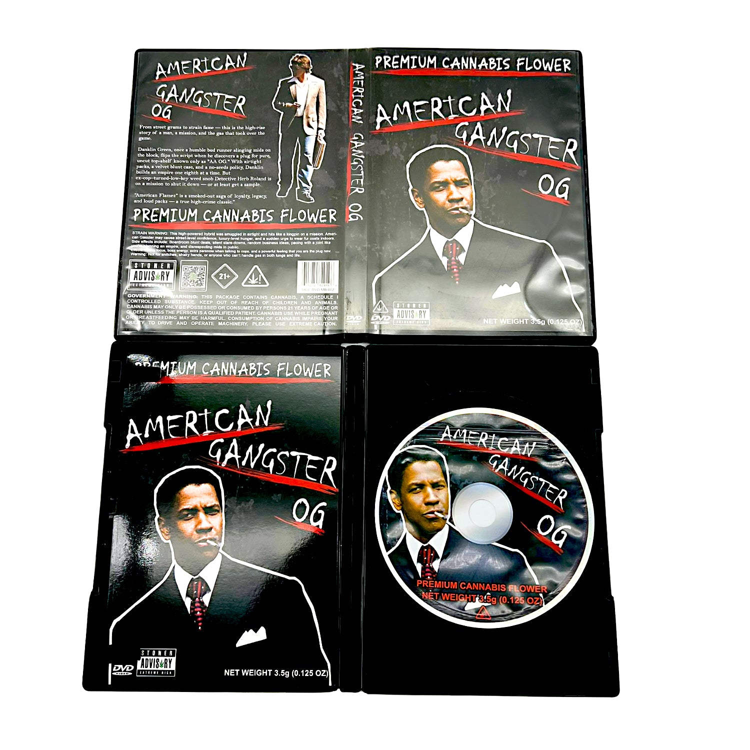 Mylar Bag American Gangster themed cannabis packaging with a CD included