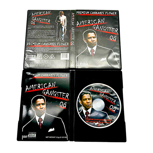Mylar Bag American Gangster themed cannabis packaging with a CD included