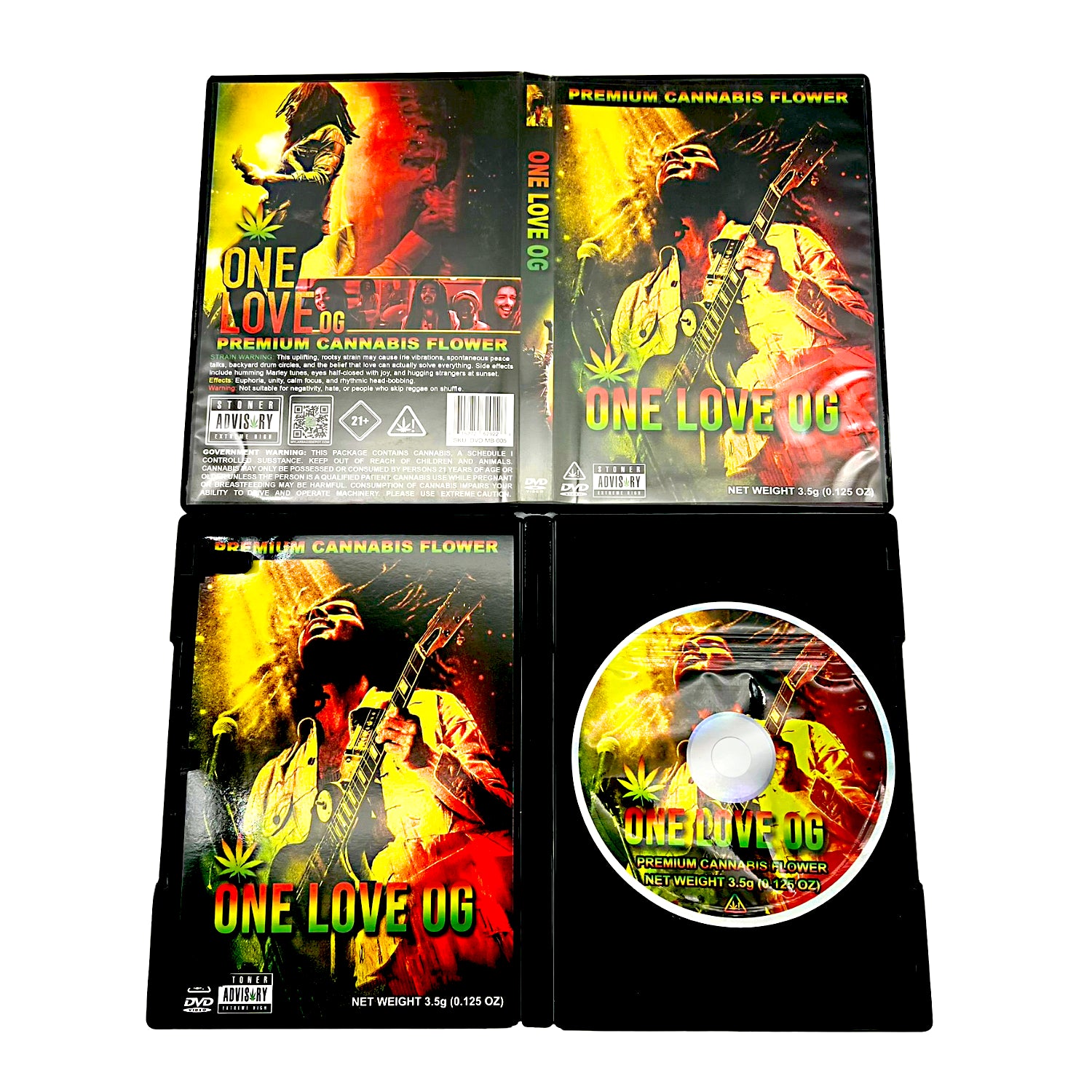 Mylar Bag One Love OG cannabis product packaging with a DVD case and disc.
