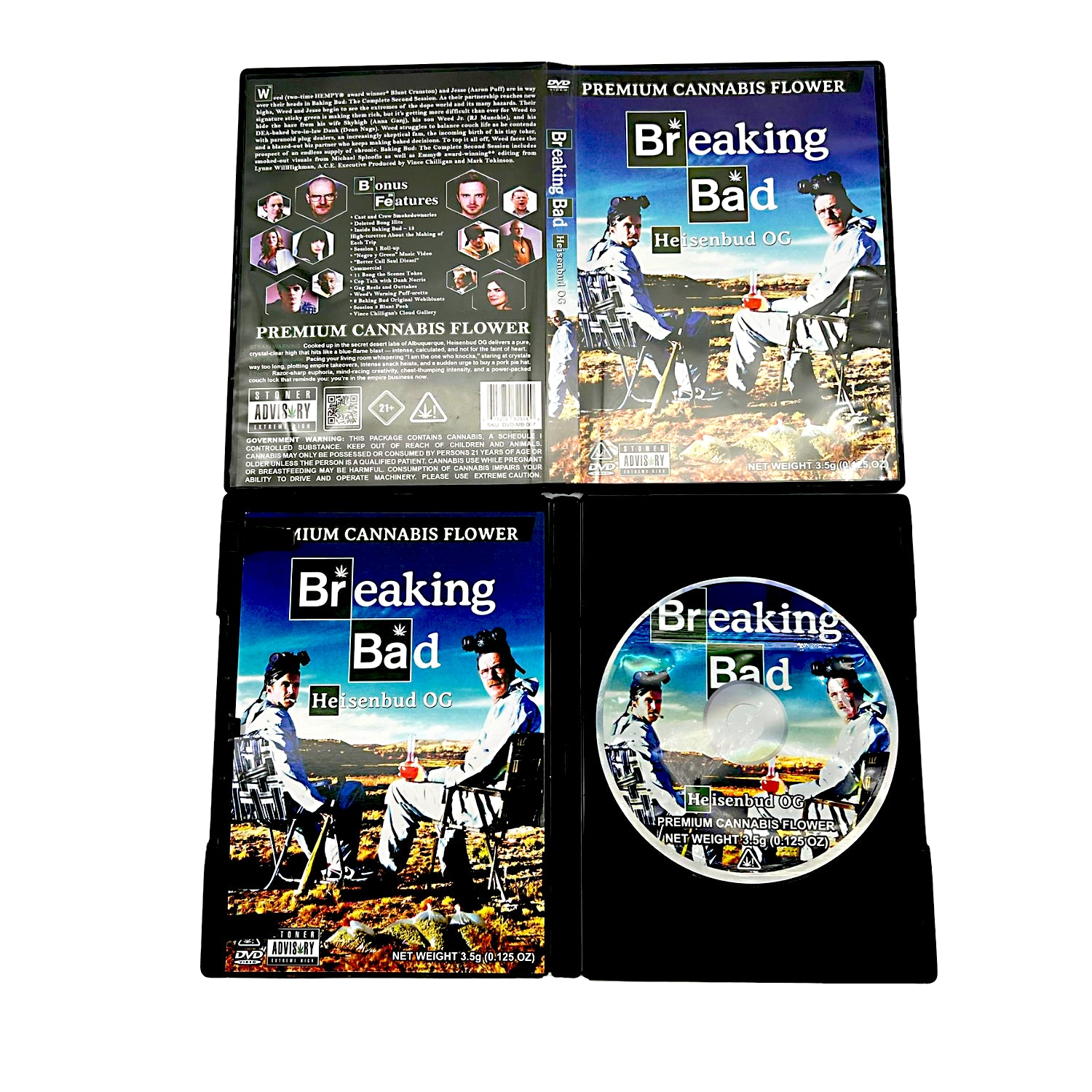 Mylar Bag Breaking Bad-themed cannabis product packaging with images and branding.