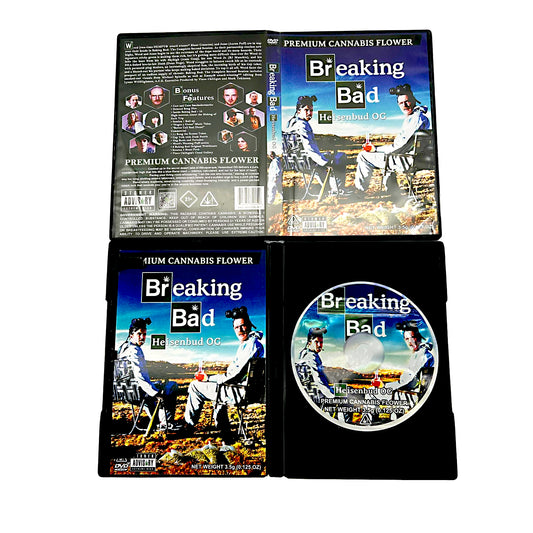 Mylar Bag Breaking Bad-themed cannabis product packaging with images and branding.
