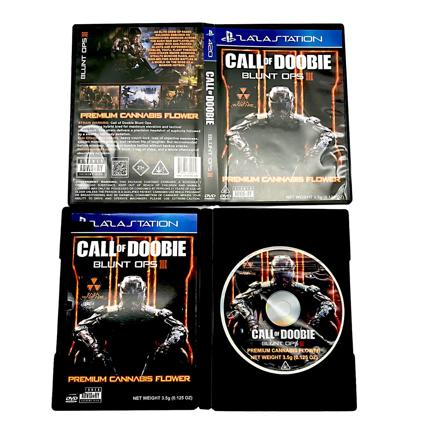 Mylar Bag Call of Doobie Blunt Ops III packaging with a DVD and cannabis flower packaging.