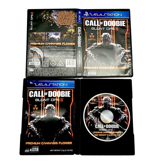 Mylar Bag Call of Doobie Blunt Ops III packaging with a DVD and cannabis flower packaging.