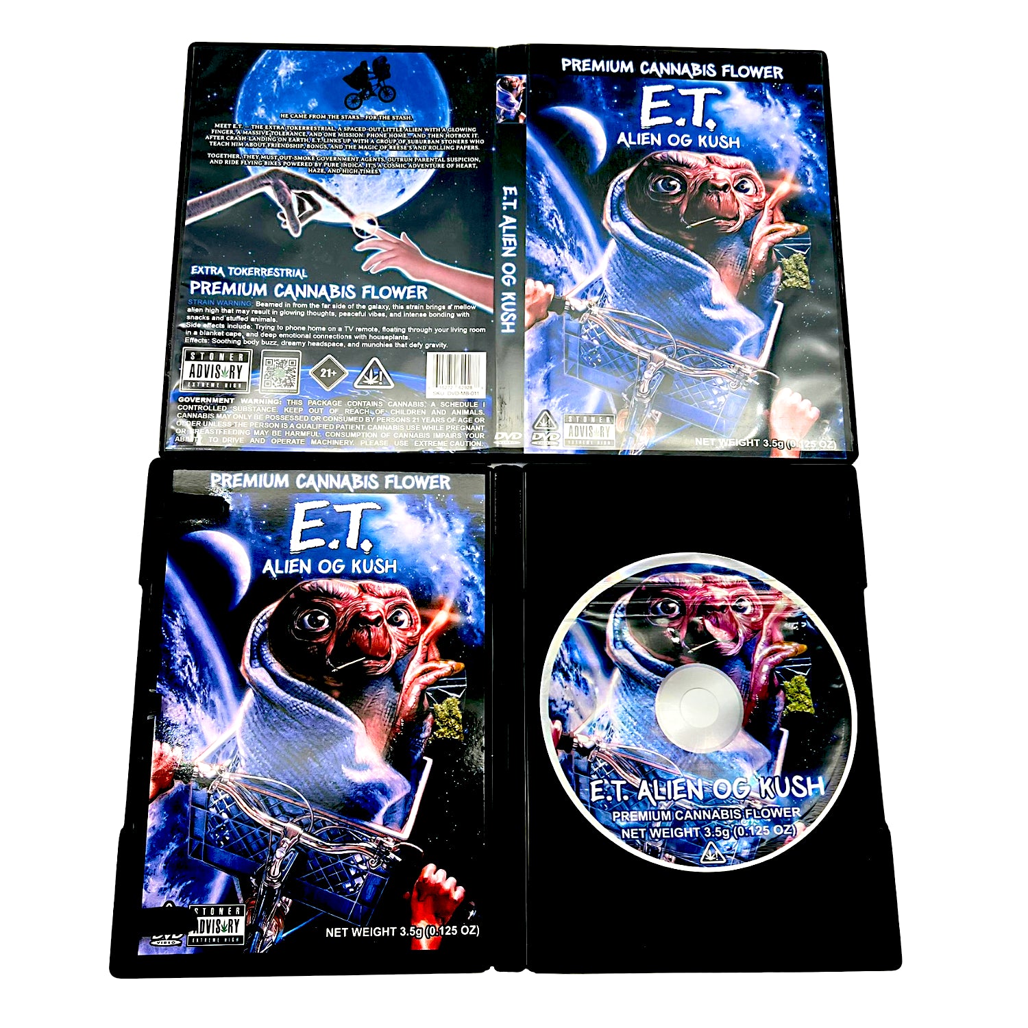 Mylar Bag E.T. themed cannabis packaging with branding and product details.