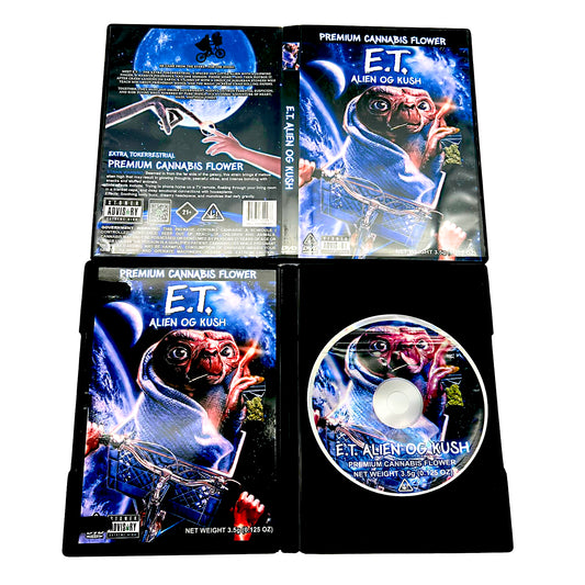 Mylar Bag E.T. themed cannabis packaging with branding and product details.
