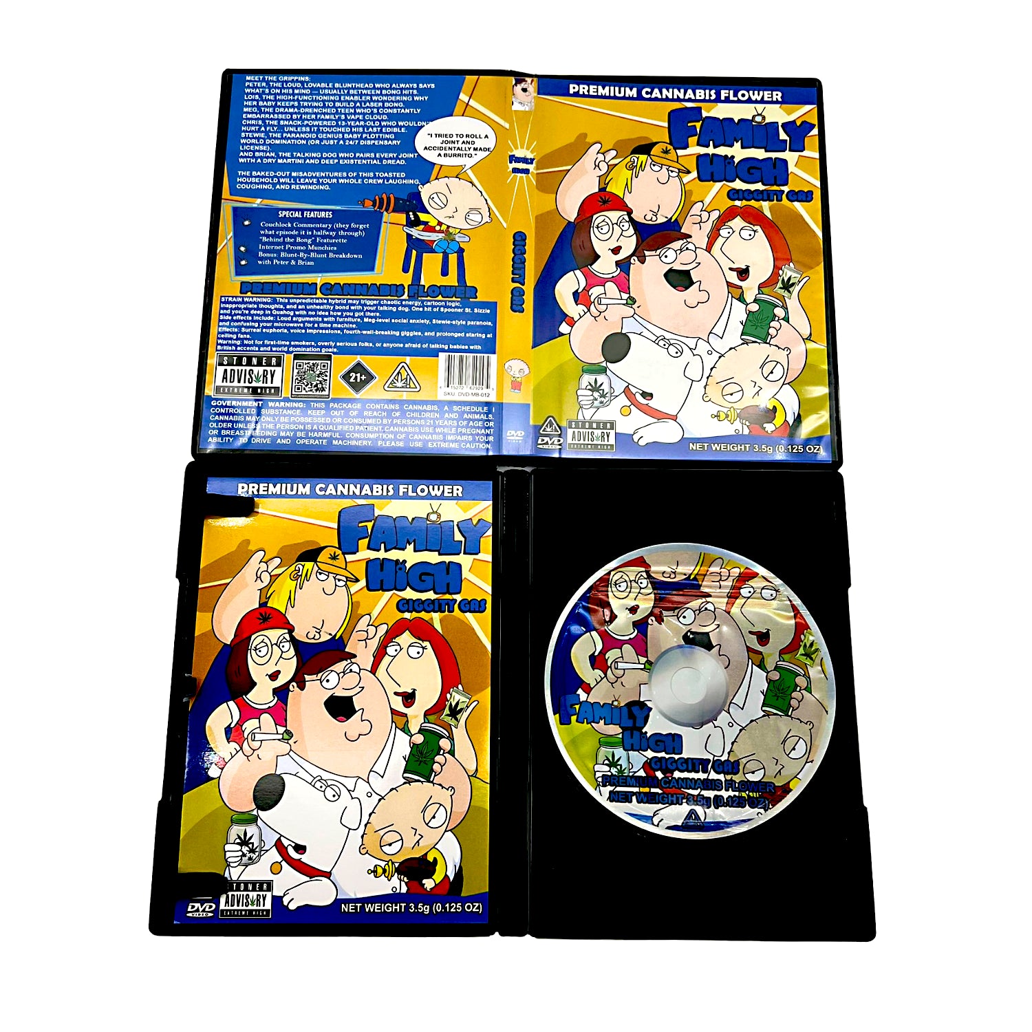 Mylar Bag Family Guy-themed cannabis product packaging with DVD case and disc