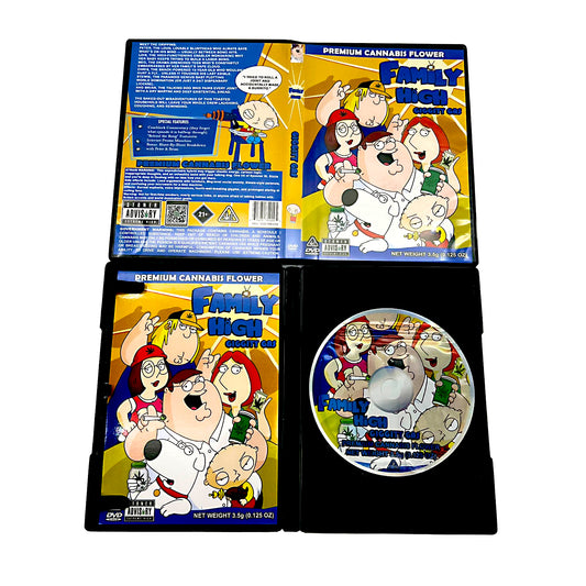 Mylar Bag Family Guy-themed cannabis product packaging with DVD case and disc