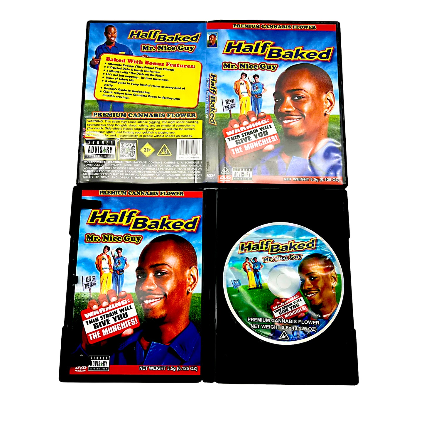 Mylar Bag Four packages of 'Half Baked Mr. Nice Guy' with a CD on a white background