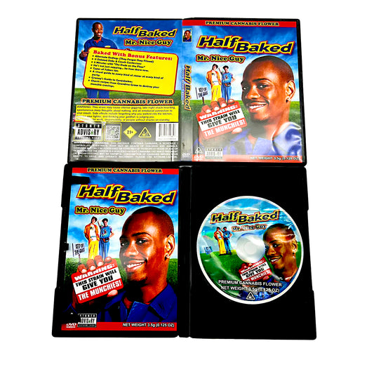 Mylar Bag Four packages of 'Half Baked Mr. Nice Guy' with a CD on a white background