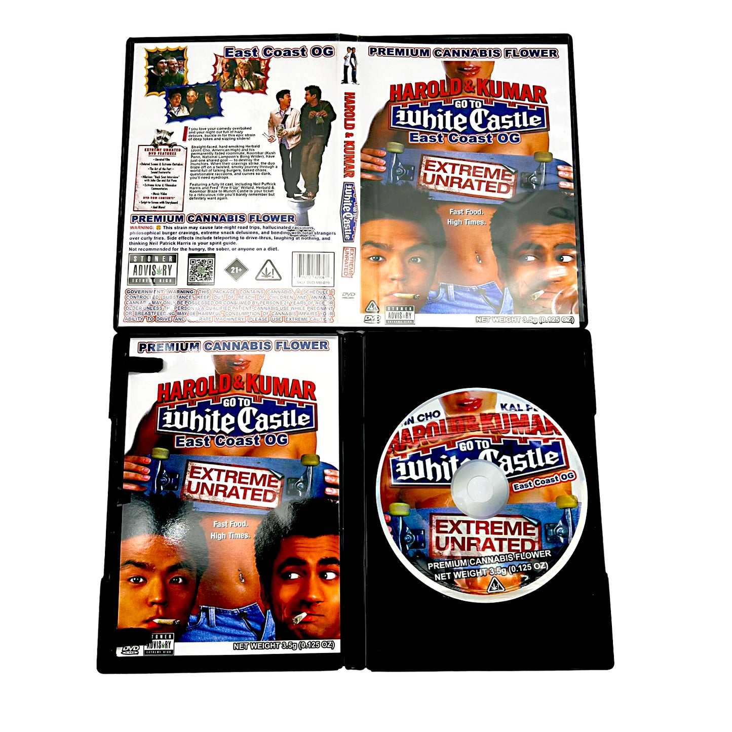 Mylar Bag DVD case and disc of 'Harold and Kumar Go to White Castle' with promotional text for cannabis product.