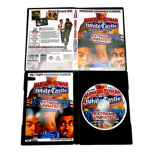 Mylar Bag DVD case and disc of 'Harold and Kumar Go to White Castle' with promotional text for cannabis product.