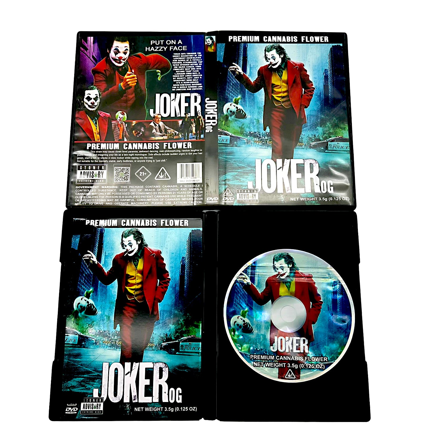 Mylar Bag Joker-themed cannabis product packaging with character design on a white background