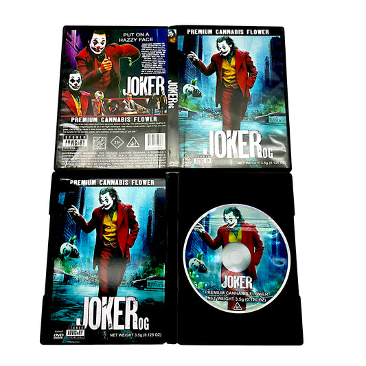 Mylar Bag Joker-themed cannabis product packaging with character design on a white background