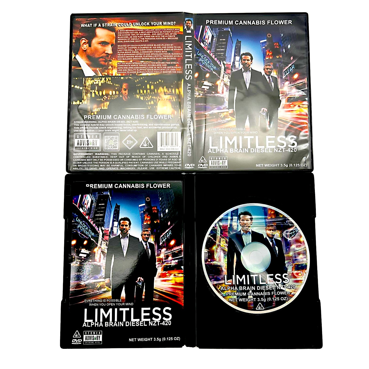 Mylar Bag Limitless-themed cannabis product packaging with movie poster design
