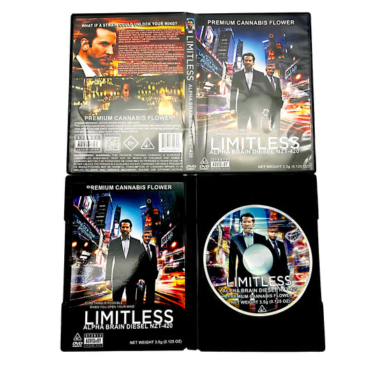 Mylar Bag Limitless-themed cannabis product packaging with movie poster design