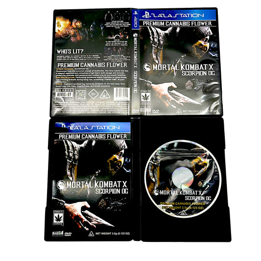 Mylar Bag Mortal Kombat X Scorpion OG cannabis flower packaging with branding and product details.