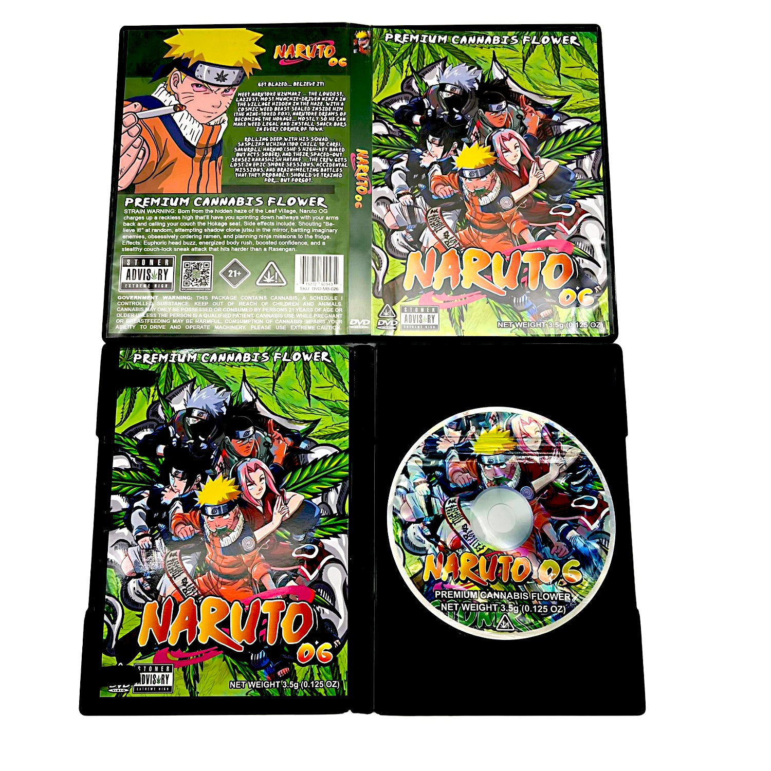 Mylar Bag Naruto-themed cannabis product packaging with character images and branding.