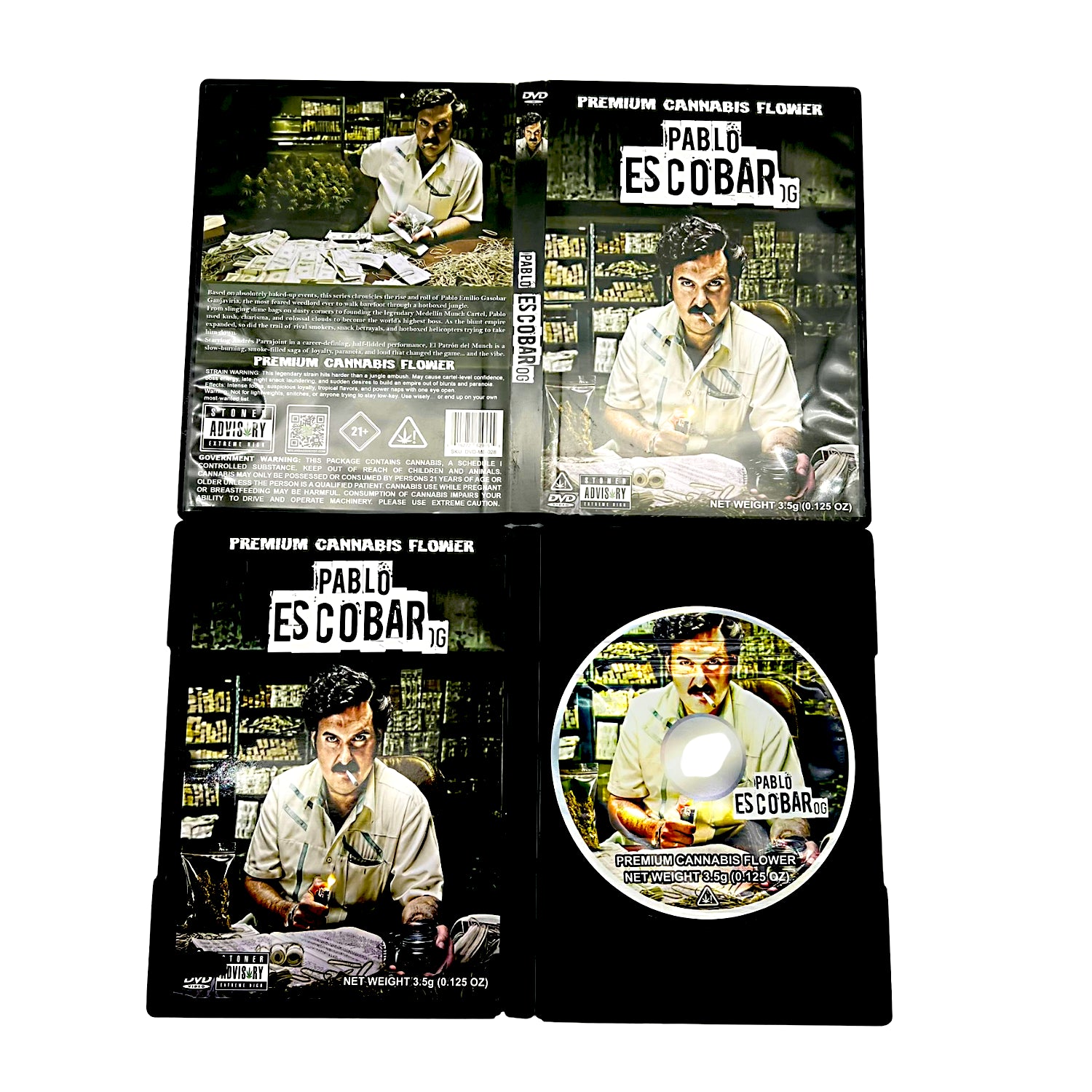 Mylar Bag Pablo Escobar-themed cannabis product packaging with images of a man and text.