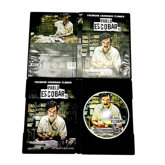 Mylar Bag Pablo Escobar-themed cannabis product packaging with images of a man and text.