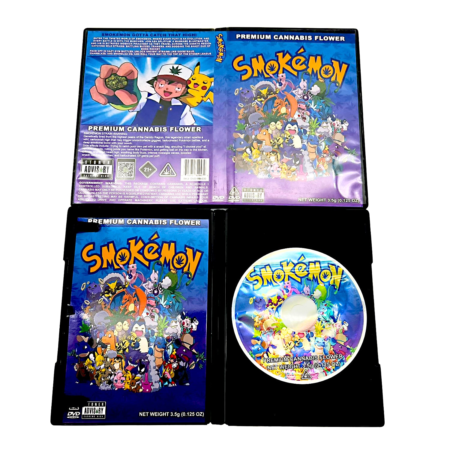 Mylar Bag Pokémon-themed cannabis product packaging with colorful graphics and text.