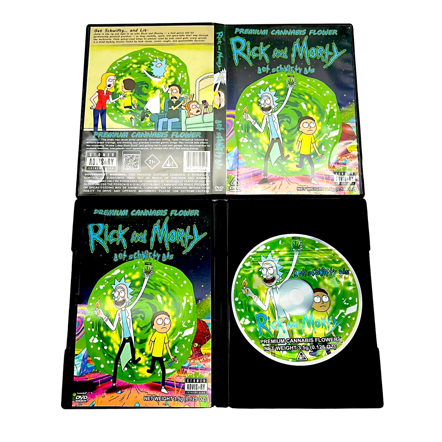 Mylar Bag Rick and Morty-themed cannabis flower packaging with colorful design