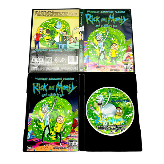 Mylar Bag Rick and Morty-themed cannabis flower packaging with colorful design