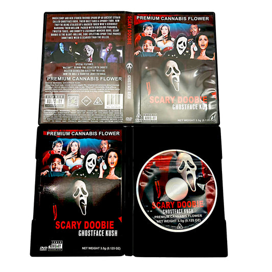Mylar Bag Cannabis product packaging with 'Scary Doobie' branding and Ghostface design.