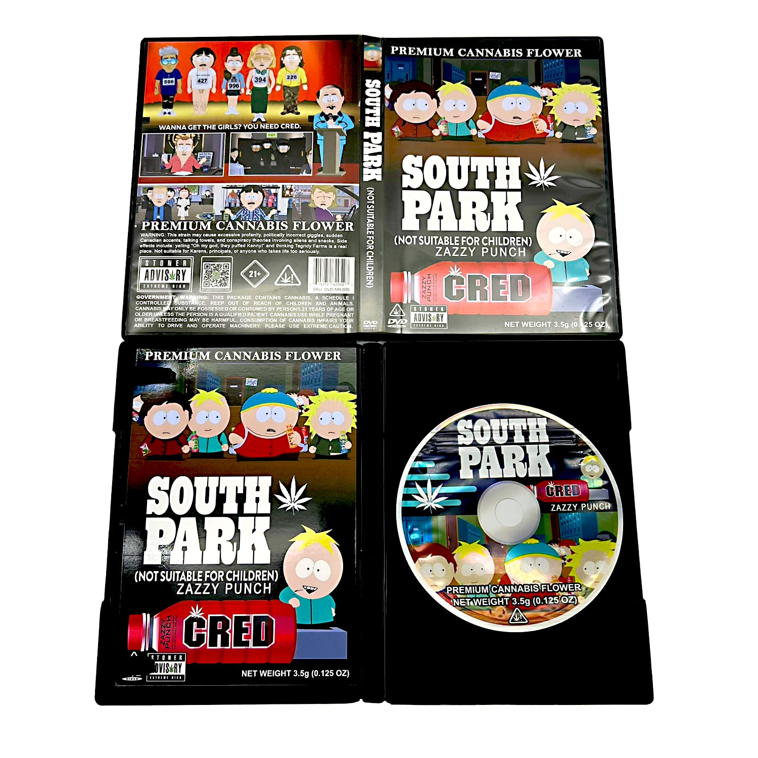 Mylar Bag South Park-themed cannabis product packaging with branding and product details.