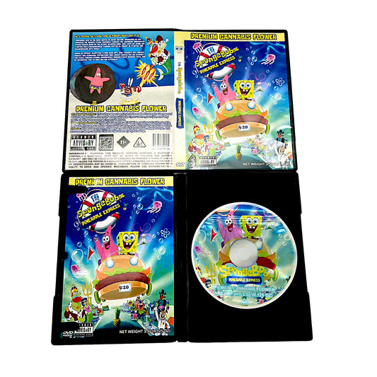 Mylar Bag SpongeBob SquarePants-themed cannabis product packaging with cartoon characters on a white background