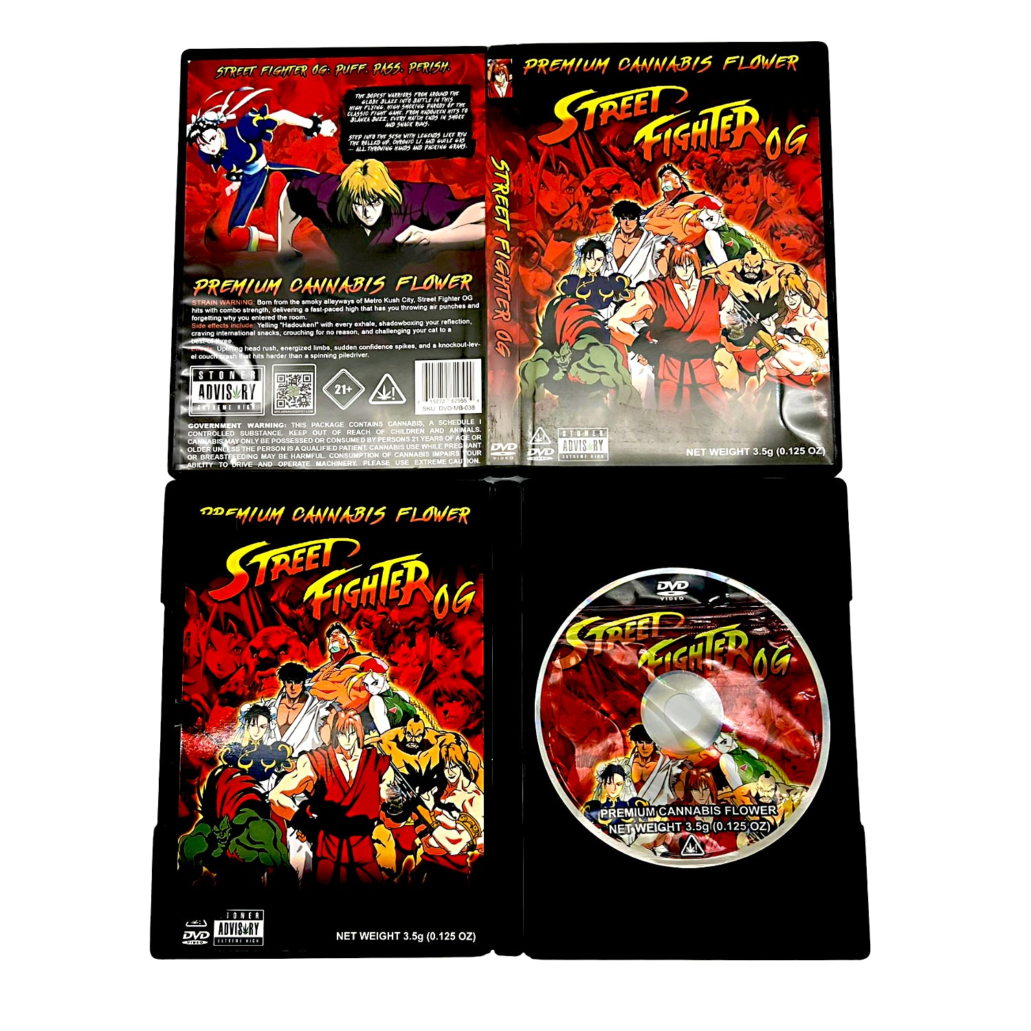 Mylar Bag Street Fighter themed cannabis product packaging with character images and branding.