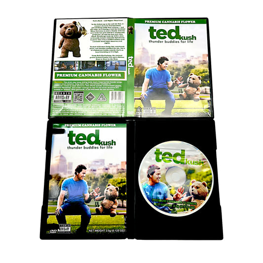 Ted Kush cannabis product packaging with images of a man and teddy bear on a white background