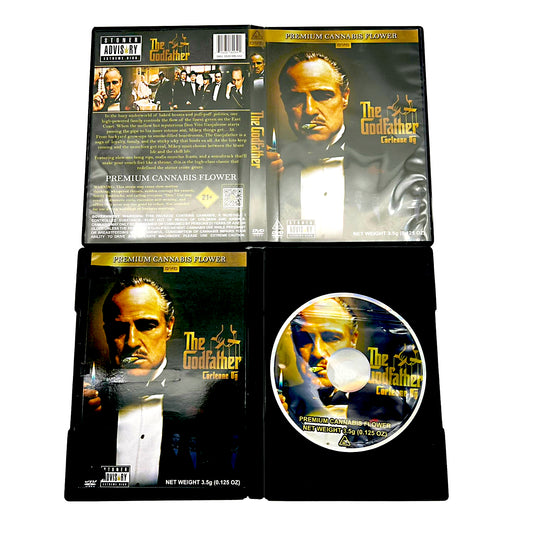 Mylar Bag Packaging of 'The Godfather' themed cannabis flower with movie poster design.
