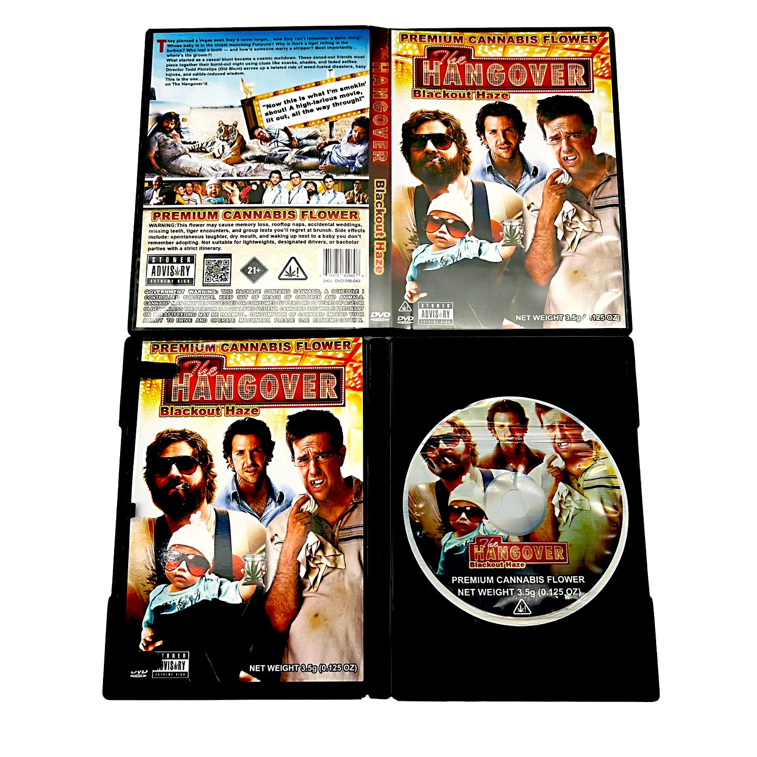 Mylar Bag DVD case for 'The Hangover' with promotional text for cannabis flower on a white background