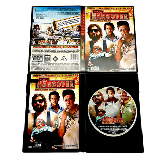 Mylar Bag DVD case for 'The Hangover' with promotional text for cannabis flower on a white background