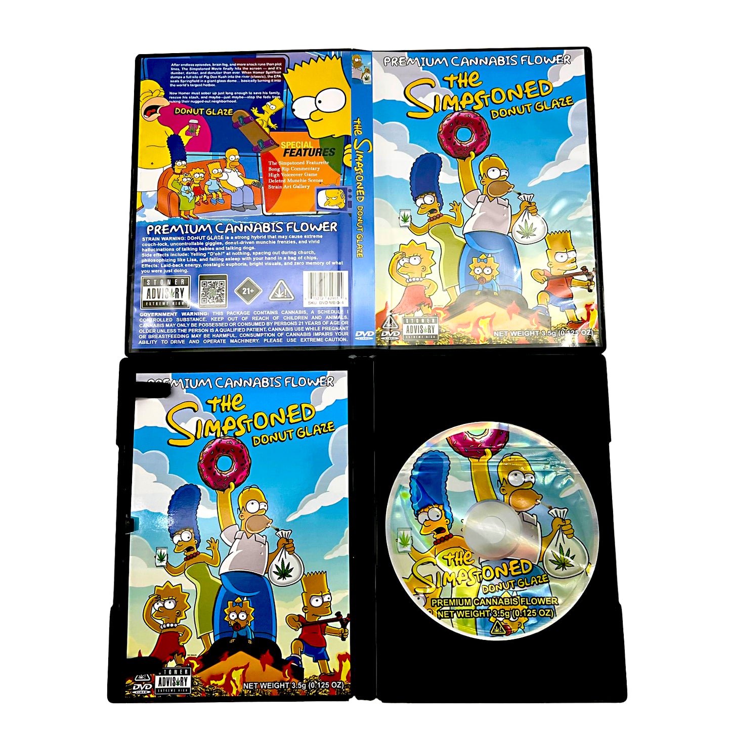 Mylar Bag Packaging for 'The Simpsons' themed cannabis product with colorful graphics and branding.