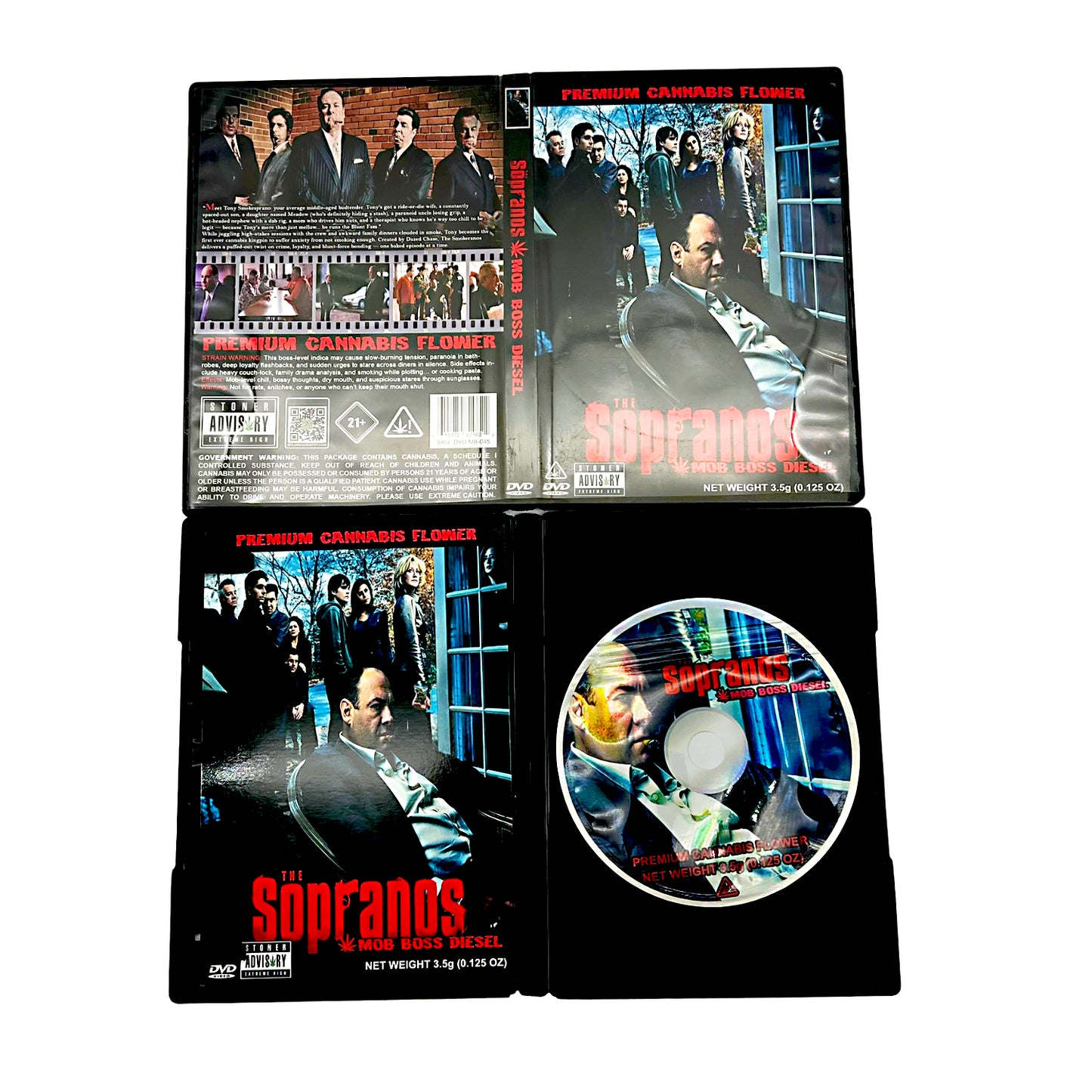 Mylar Bag DVD case of 'The Sopranos' with a cannabis product packaging overlay