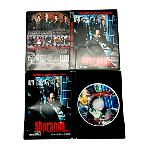 Mylar Bag DVD case of 'The Sopranos' with a cannabis product packaging overlay