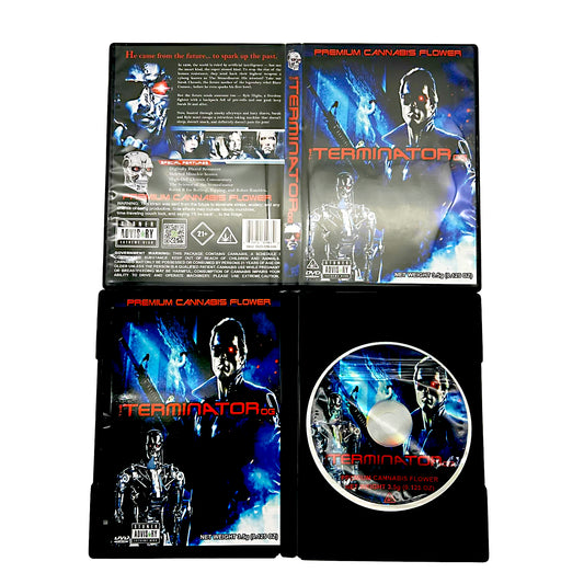 Mylar Bag Cannabis product packaging with 'Terminator' branding featuring images of a robot and text.