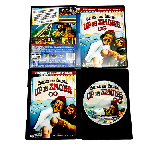 Mylar Bag Cheech and Chong's 'Up in Smoke' themed cannabis product packaging with movie poster design.